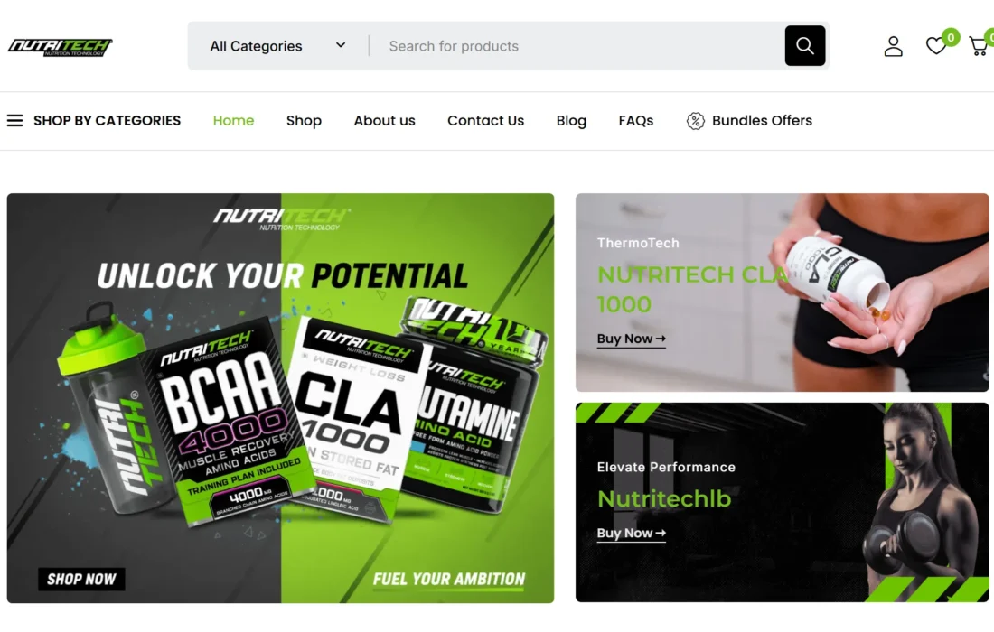 Nutritech ME supplements e-commerce platform and web design by Web Synergy.