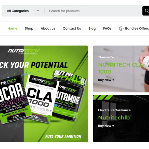 Nutritech ME supplements e-commerce platform and web design by Web Synergy.